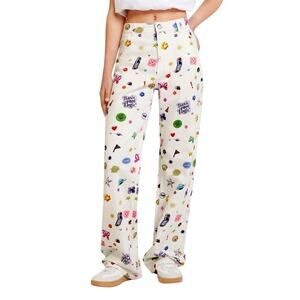 Bershka Jeans Womens 4 Multicolor High Rise 90s Wide Leg Cartoon Space Print